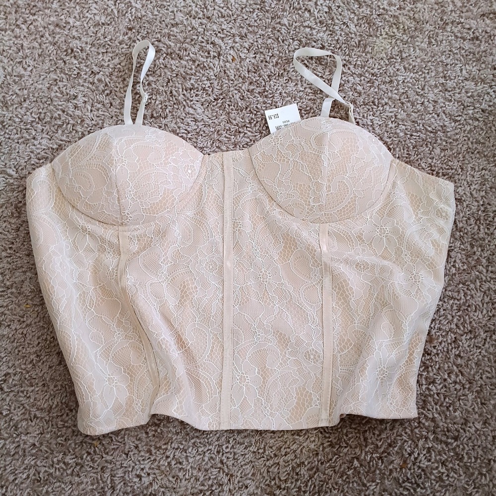 Lace Corset Top Womens 2X Cream Excellent Floral Underwire Zip Back